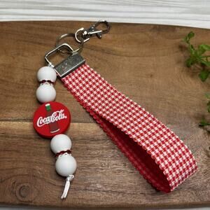 Coca-Cola Beaded Ribbon Wristlet Keychain - Red & White Gingham